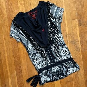 Desigual Y2K Tassel Embellished Cowl Neck Embroidered Black & White Tunic Top